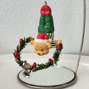 Vintage 90s Santa Hat Teddy Bear Circus Upside Down Wreath Christmas Ornament